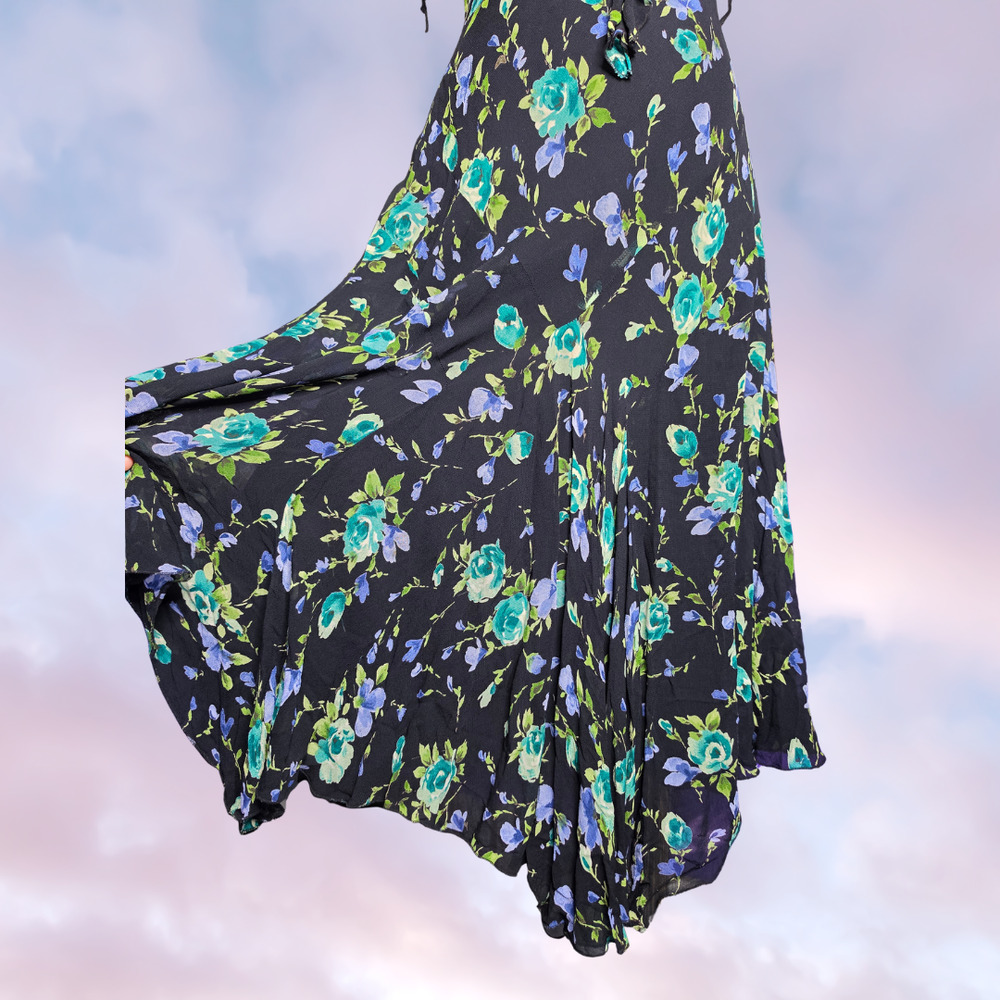 Vtg 90s Floral Ruffle Black Blue Green Formal Cocktail Rayon Asymmetric Dress S - Picture 7 of 9